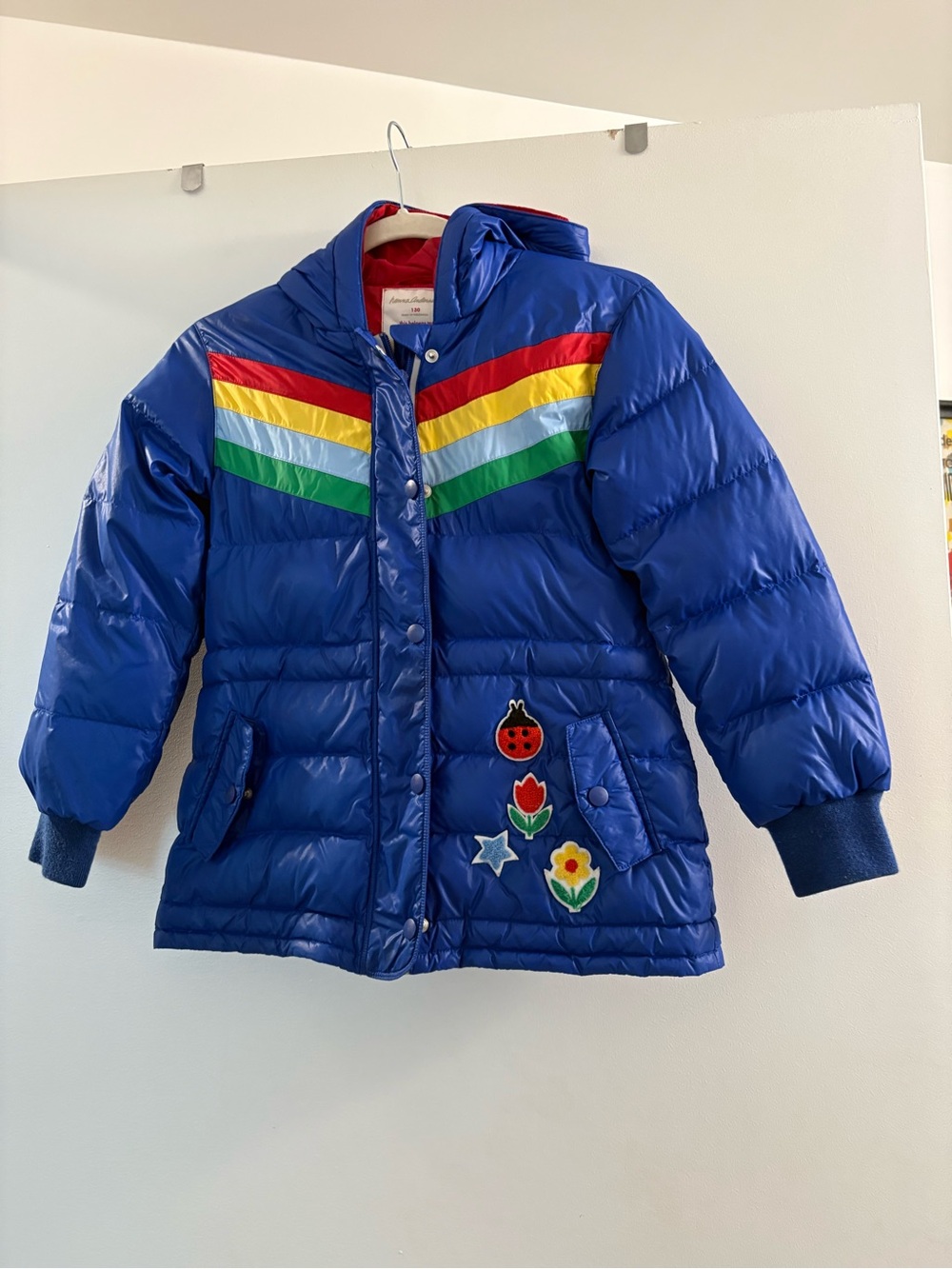Hanna Andersson Royal Blue and Rainbow Kids Jacket with Red Lining Sz 130